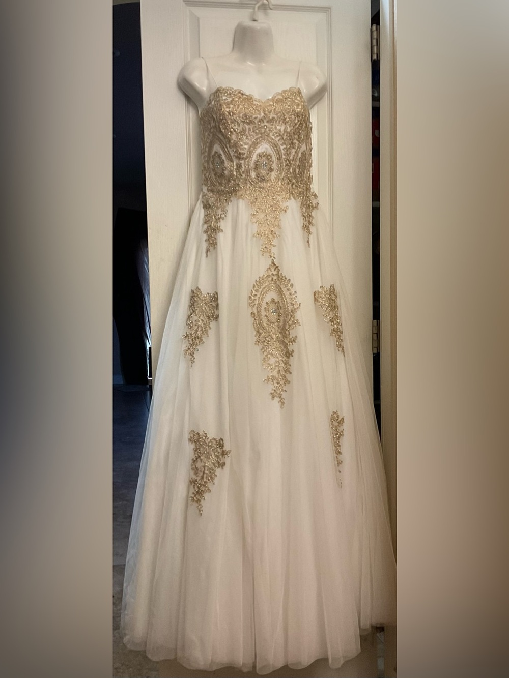 White Tulle Ball Gown with Gold Lace Appliqué